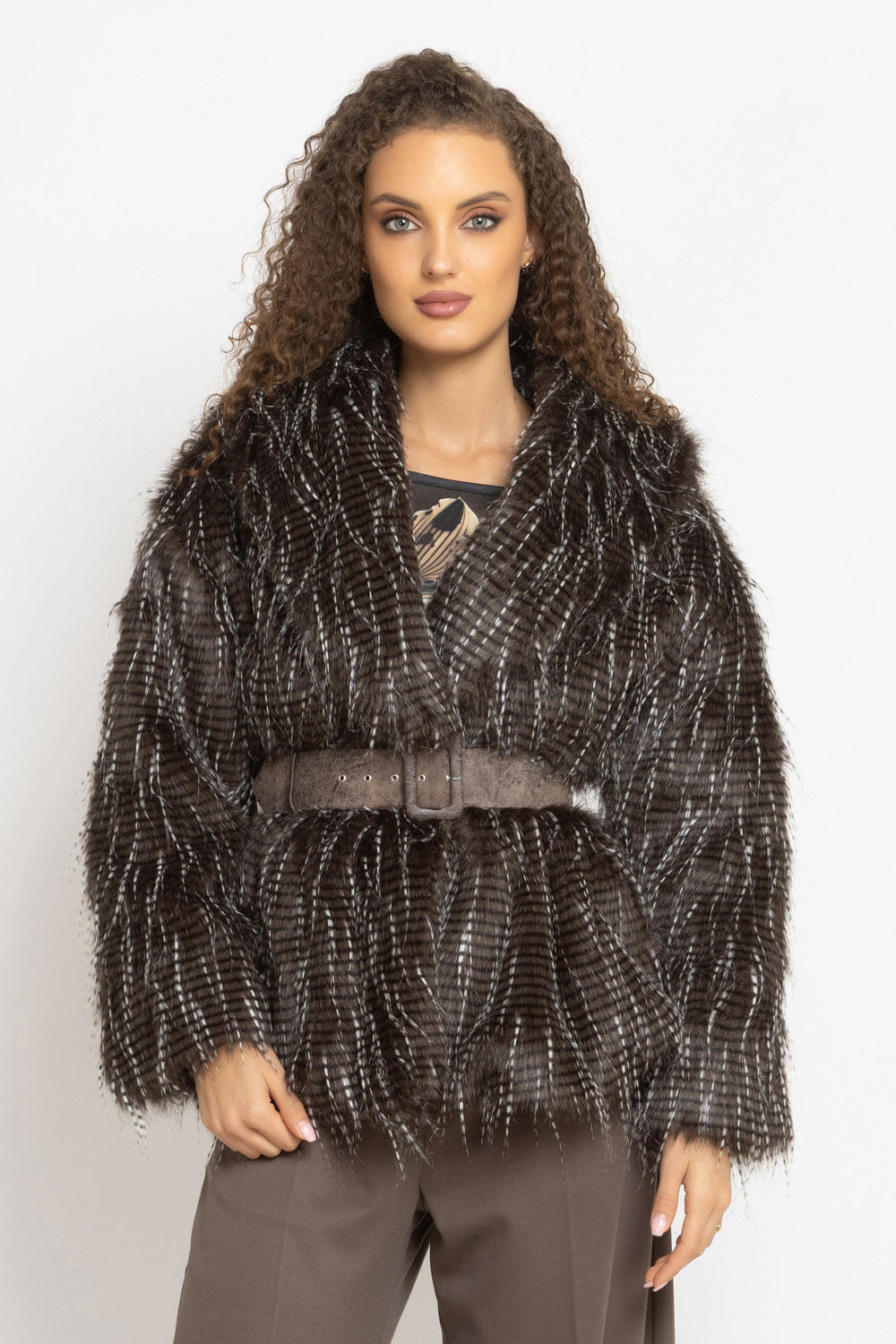 OVERSIZED PHEASANT PATTERN FAUX FUR COAT WITH BELT - ESSENTIALS JIORO ОВЪРСАЙЗ ПАЛТО ОТ ИЗКУСТВЕН КОСЪМ С ШАРКА ФАЗАН С ГОЛЯМА ШАЛ-ЯКА - ESSENTIALS JIORO