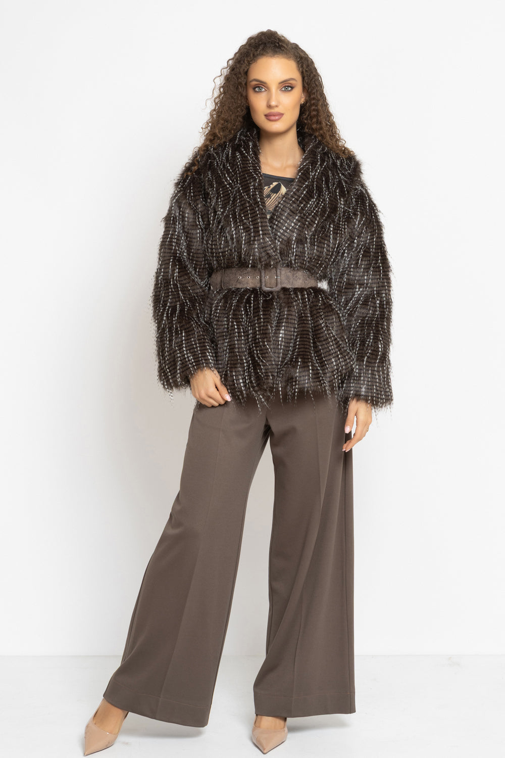 OVERSIZED PHEASANT PATTERN FAUX FUR COAT WITH BELT - ESSENTIALS JIORO ОВЪРСАЙЗ ПАЛТО ОТ ИЗКУСТВЕН КОСЪМ С ШАРКА ФАЗАН С ГОЛЯМА ШАЛ-ЯКА - ESSENTIALS JIORO