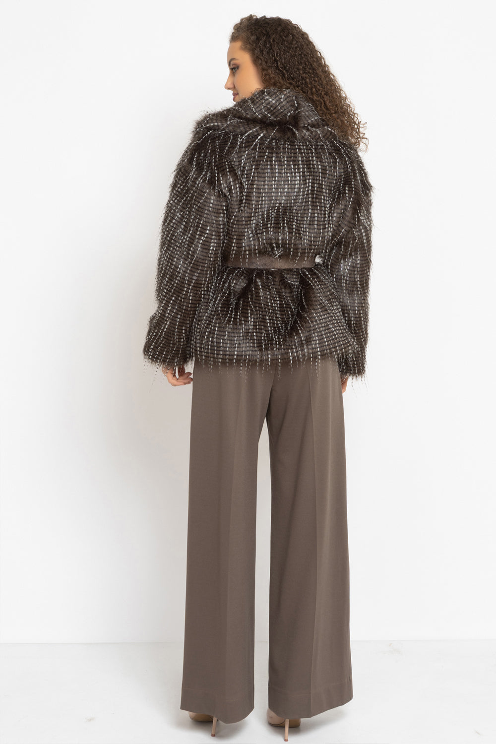 OVERSIZED PHEASANT PATTERN FAUX FUR COAT WITH BELT - ESSENTIALS JIORO ОВЪРСАЙЗ ПАЛТО ОТ ИЗКУСТВЕН КОСЪМ С ШАРКА ФАЗАН С ГОЛЯМА ШАЛ-ЯКА - ESSENTIALS JIORO