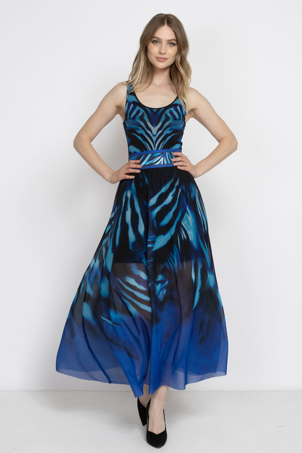 FLARED MESH SKIRT WITH MODAL LINING - SHADES OF BLUE JIORO ДЪЛГА ПОЛА ОТ МРЕЖА С ПОДПЛАТА ОТ МОДАЛ - SHADES OF BLUE JIORO