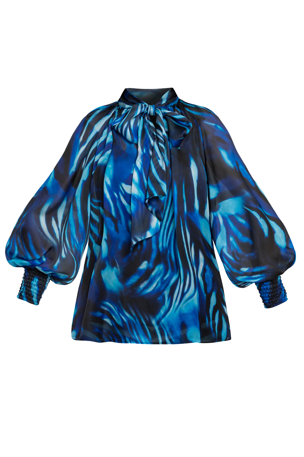 BOHEMIAN BLOUSE WITH PUFF SLEEVES AND TIE-FRONT COLLAR - SHADES OF BLUE JIORO БОХЕМСКА РИЗА ОТ ШИФОН С БОГАТИ РЪКАВИ И ВРЪЗКА - SHADES OF BLUE JIORO