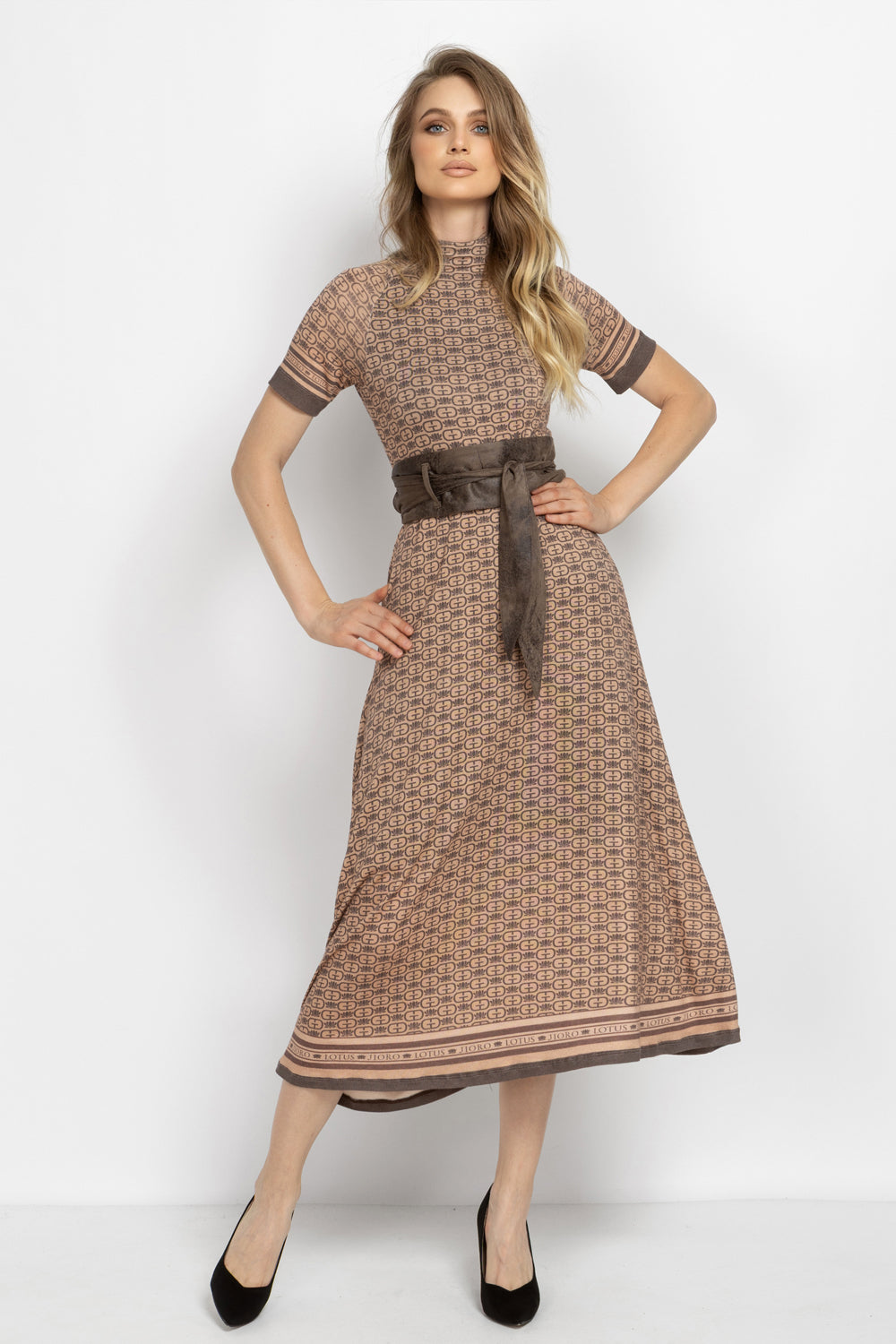 MODAL HIGH-NECK MIDI DRESS - MOCHA MOUSSE LOGO