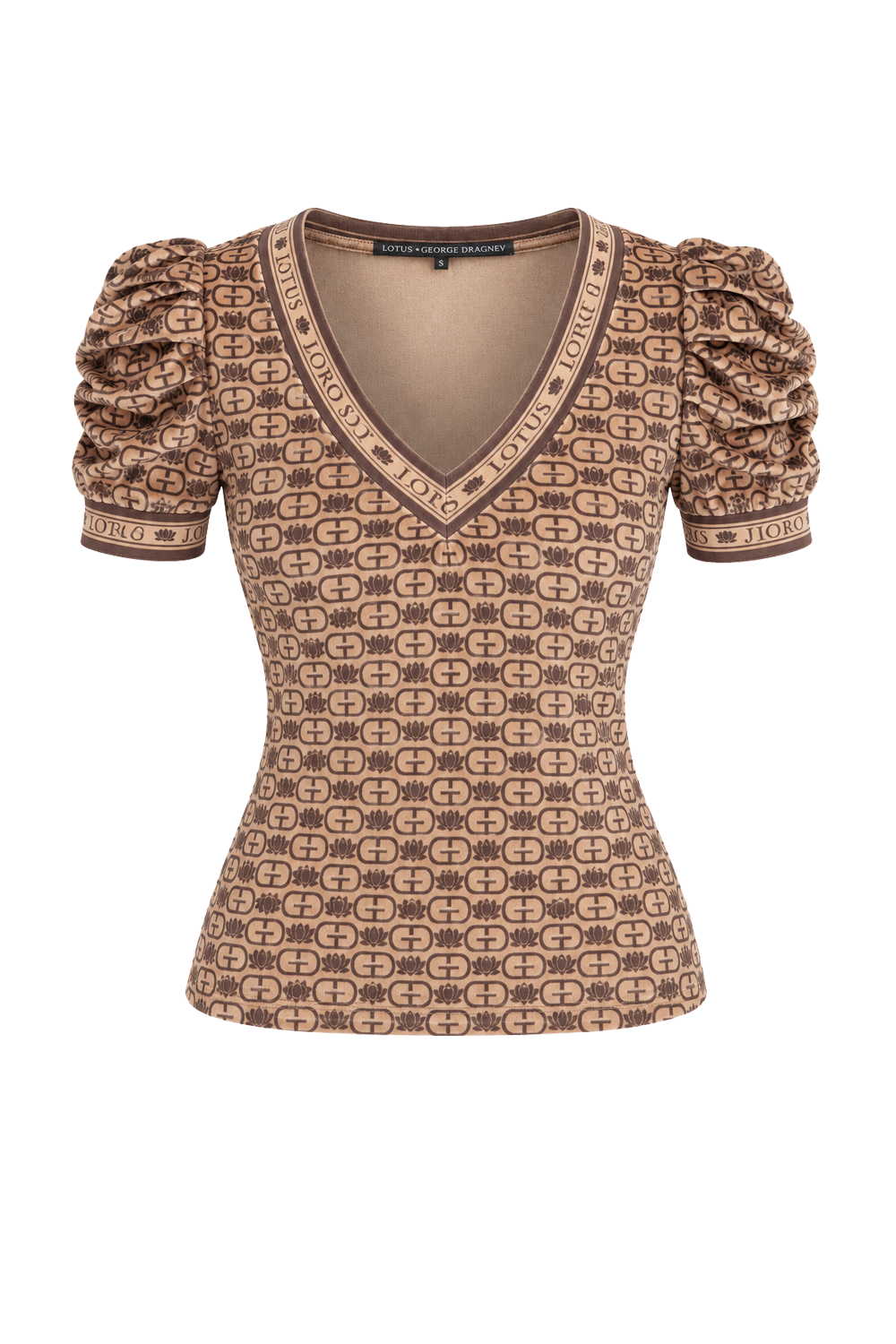 VELVET V-NECK TOP WITH PUFF SLEEVES - MOCHA MOUSSE LOGO