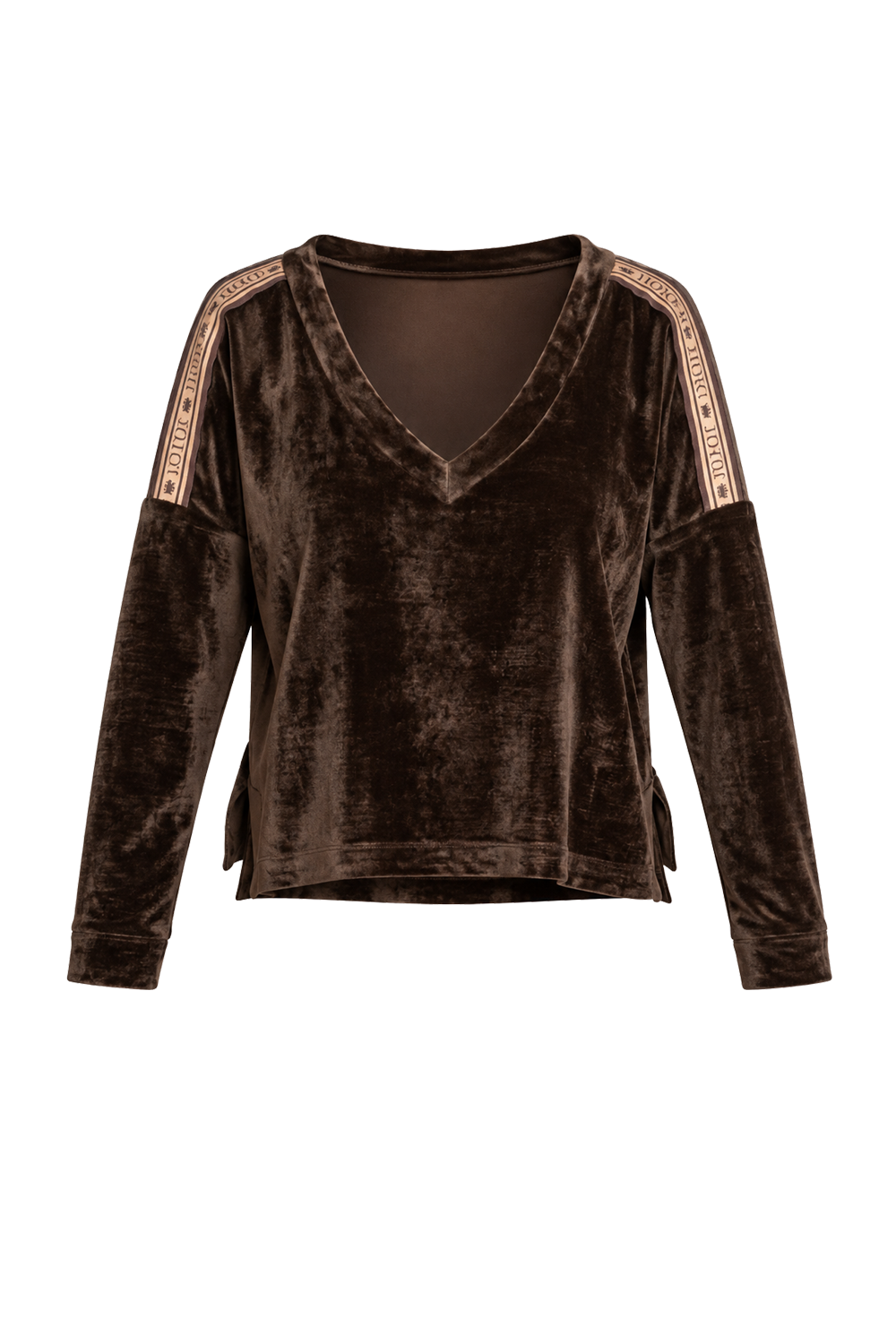 TRUFFLE RELAXED V-NECK VELVET TOP WITH MOCHA MOUSSE LOGO TRIM - ESSENTIALS