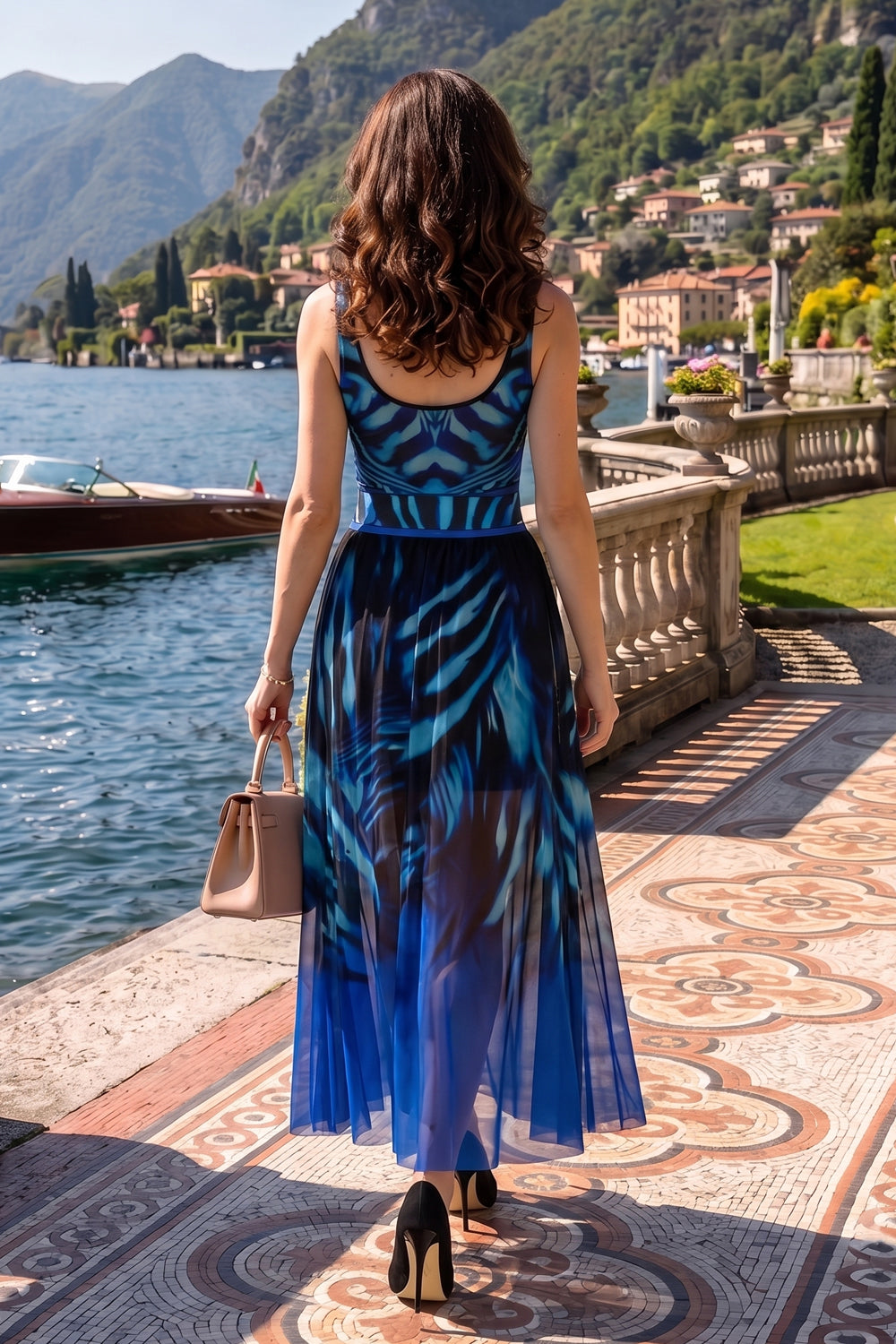 FLARED MESH SKIRT WITH MODAL LINING - SHADES OF BLUE JIORO ДЪЛГА ПОЛА ОТ МРЕЖА С ПОДПЛАТА ОТ МОДАЛ - SHADES OF BLUE JIORO
