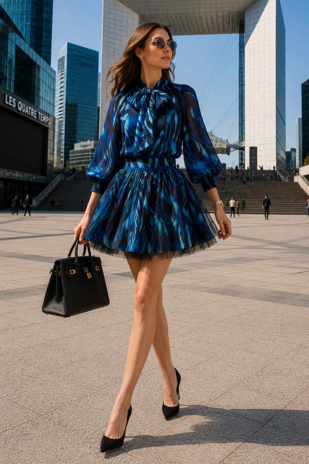 BOHEMIAN BLOUSE WITH PUFF SLEEVES AND TIE-FRONT COLLAR - SHADES OF BLUE JIORO БОХЕМСКА РИЗА ОТ ШИФОН С БОГАТИ РЪКАВИ И ВРЪЗКА - SHADES OF BLUE JIORO