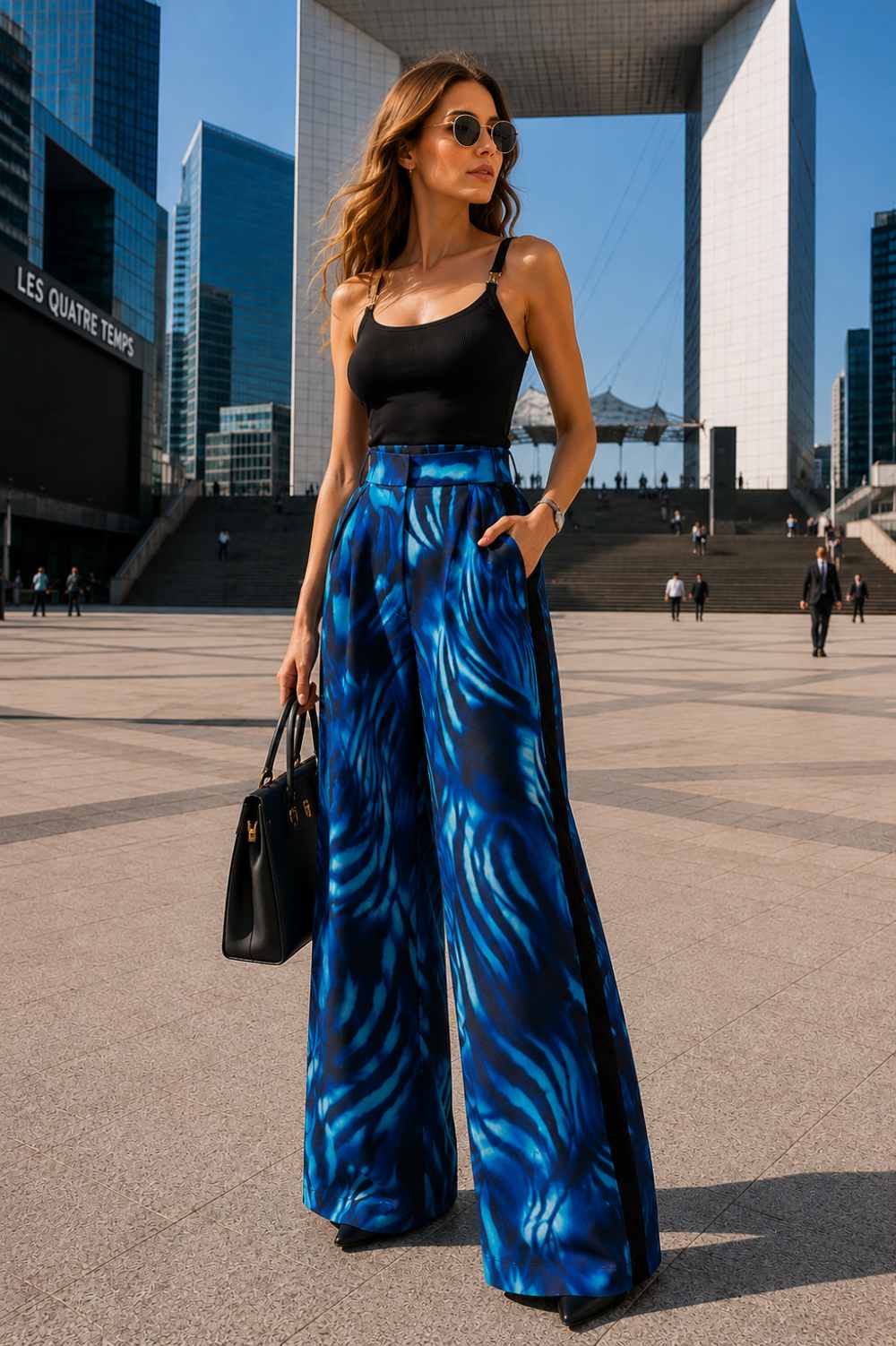 PLEATED WIDE-LEG VISCOSE PANTS - SHADES OF BLUE JIORO ШИРОК ВИСКОЗЕН ПАНТАЛОН С ВЕЛУРЕНИ КАНТОВЕ – SHADES OF BLUE JIORO