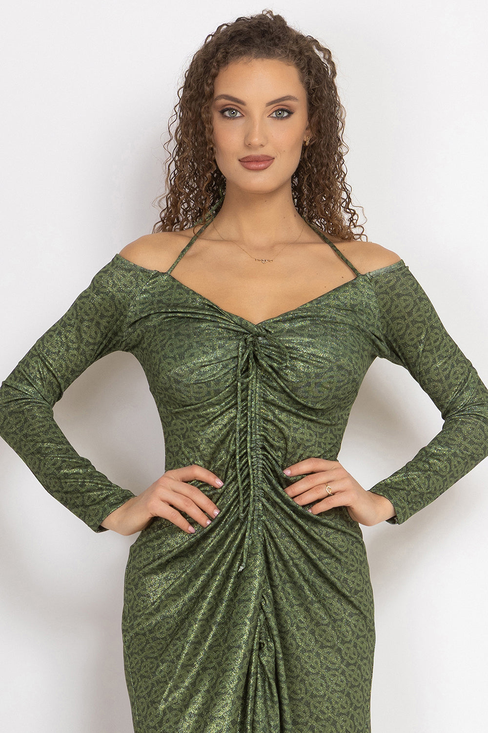 АСИМЕТРИЧНА РОКЛЯ ОТ ЛУРЕКС С ВЪЗЕЛ И ШНУР ОТПРЕД - EMERALD GREEN LOGO