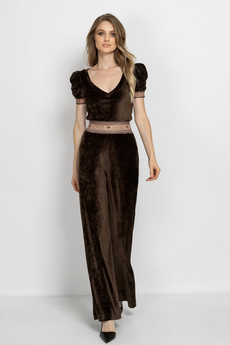 V-NECK VELVET TOP WITH PUFF SLEEVES MOCHA MOUSSE LOGO TRIM - ESSENTIALS