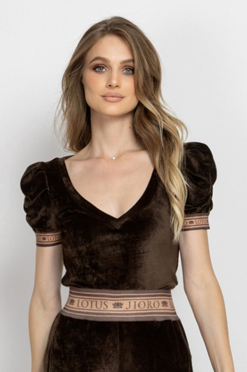 V-NECK VELVET TOP WITH PUFF SLEEVES MOCHA MOUSSE LOGO TRIM - ESSENTIALS