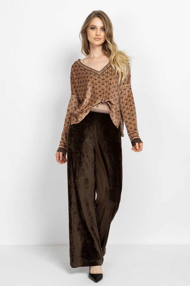 TRUFFLE VELVET WIDE-LEG PANTS WITH MOCHA MOUSSE LOGO WAISTBAND - ESSENTIALS