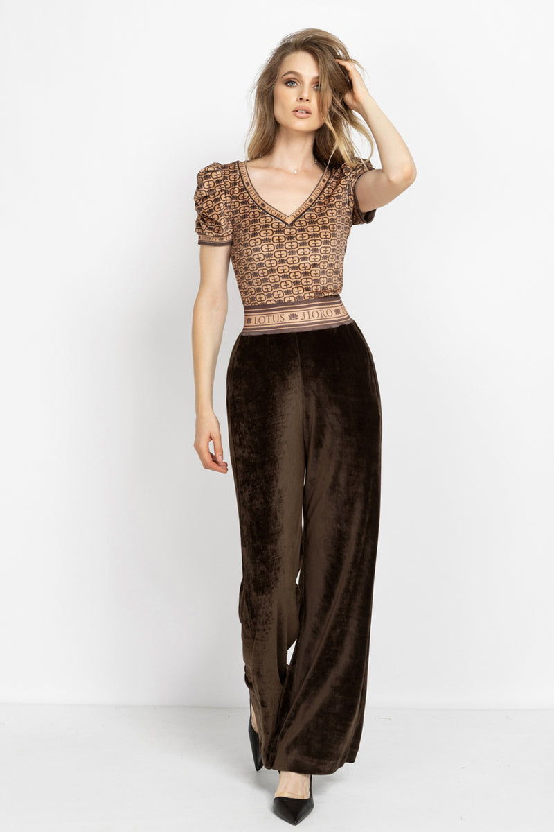 VELVET V-NECK TOP WITH PUFF SLEEVES - MOCHA MOUSSE LOGO