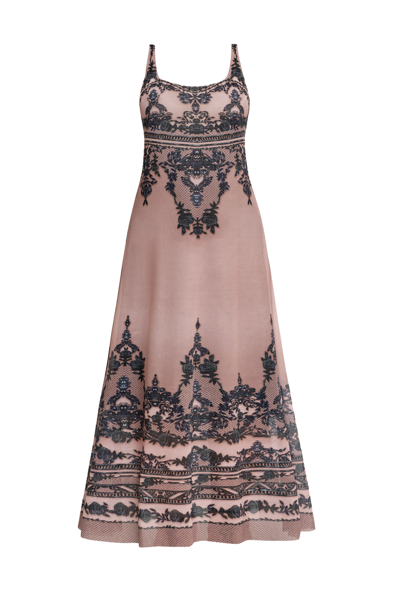 SLEEVELESS LONG MESH DRESS WITH SOFT MODAL LINING - GRAFFITI POWDER JIORO ДЪЛГА РОКЛЯ БЕЗ РЪКАВ ОТ МРЕЖА С ПОДПЛАТА ОТ ФИН МОДАЛ - GRAFFITI POWDER JIORO