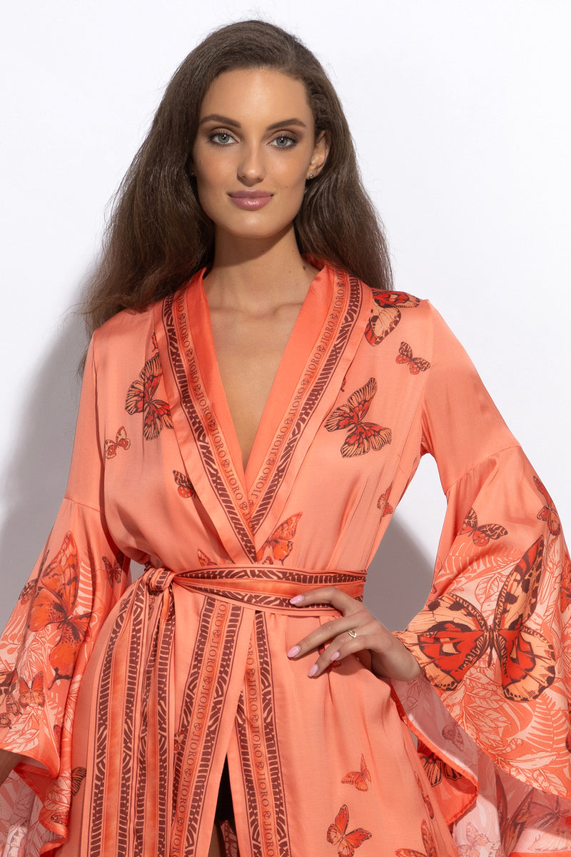 VISCOSE KIMONO WITH DRAPED BACK AND SHAWL COLLAR - PAPAYA BUTTERFLIES JIORO КИМОНО ОТ ВИСКОЗА С ШАЛ ЯКА И ДРАПИРАН ГРЪБ - PAPAYA BUTTERFLIES JIORO