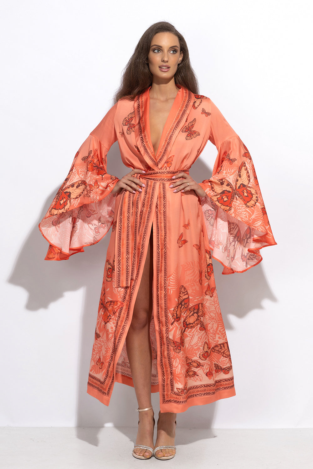 VISCOSE KIMONO WITH DRAPED BACK AND SHAWL COLLAR - PAPAYA BUTTERFLIES JIORO КИМОНО ОТ ВИСКОЗА С ШАЛ ЯКА И ДРАПИРАН ГРЪБ - PAPAYA BUTTERFLIES JIORO