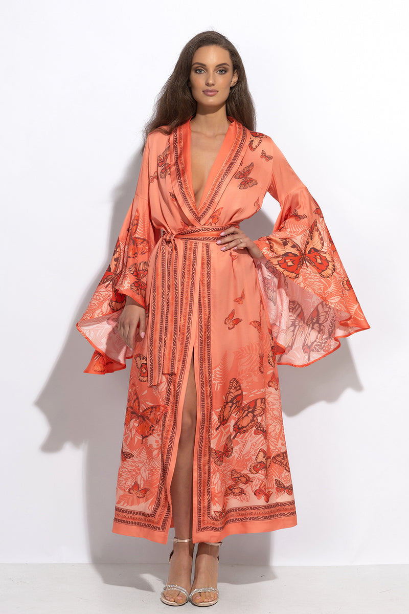 VISCOSE KIMONO WITH DRAPED BACK AND SHAWL COLLAR - PAPAYA BUTTERFLIES JIORO КИМОНО ОТ ВИСКОЗА С ШАЛ ЯКА И ДРАПИРАН ГРЪБ - PAPAYA BUTTERFLIES JIORO