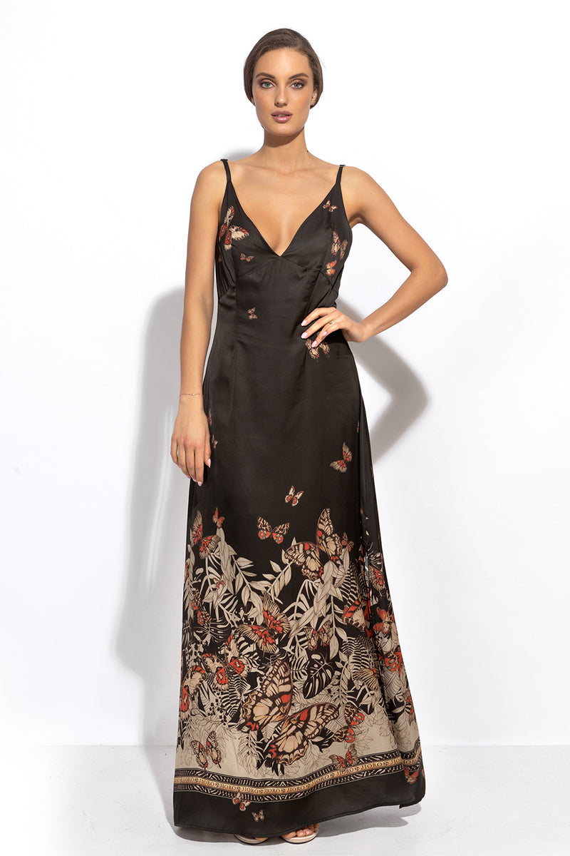 VISCOSE SLIP DRESS WITH OPEN BACK AND THIN STRAPS - MIDNIGHT BUTTERFLIES JIORO РОКЛЯ ОТ ВИСКОЗА С ОТВОРЕН ГРЪБ И ТЪНКИ ПРЕЗРАМКИ - MIDNIGHT BUTTERFLIES JIORO 