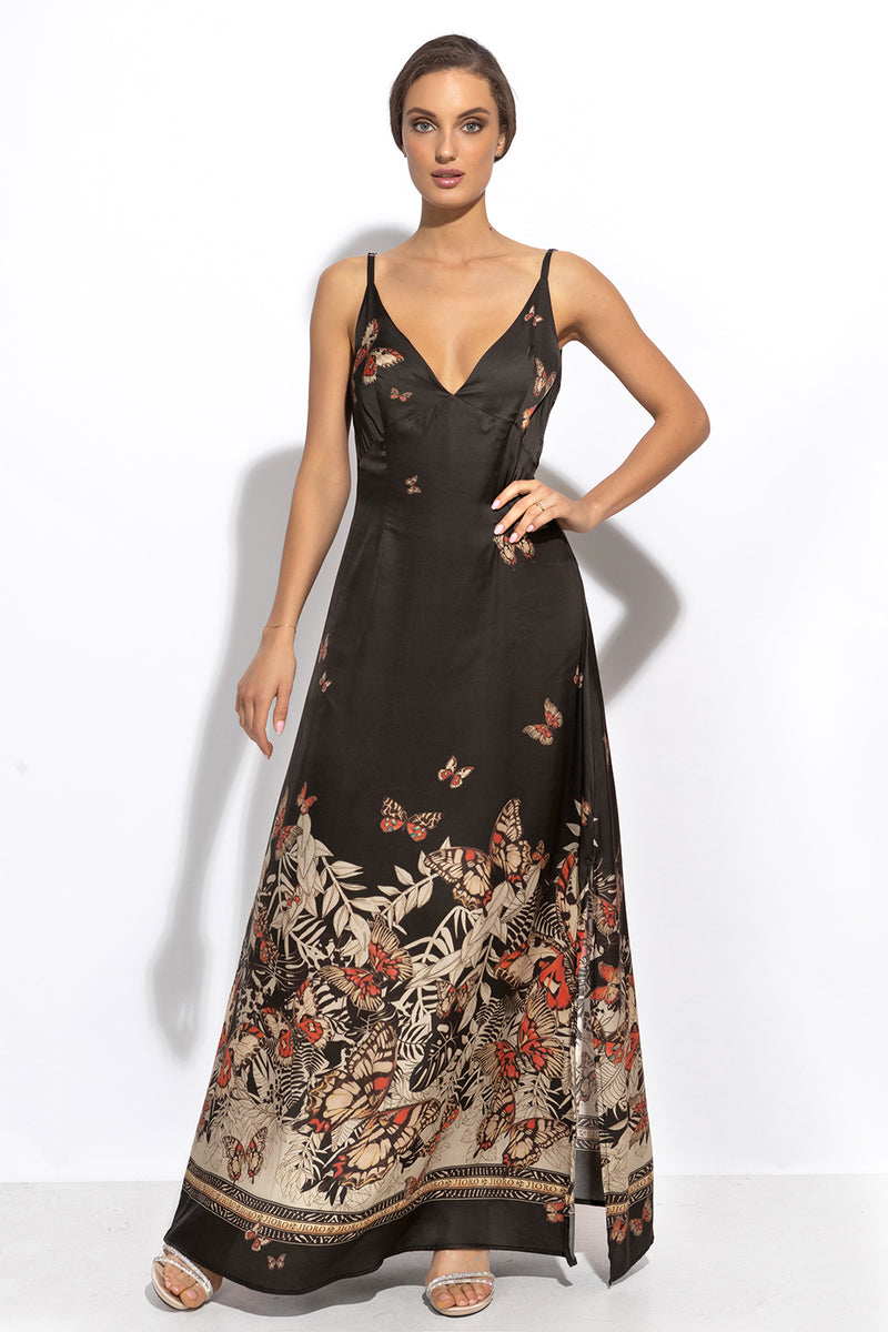 VISCOSE SLIP DRESS WITH OPEN BACK AND THIN STRAPS - MIDNIGHT BUTTERFLIES JIORO РОКЛЯ ОТ ВИСКОЗА С ОТВОРЕН ГРЪБ И ТЪНКИ ПРЕЗРАМКИ - MIDNIGHT BUTTERFLIES JIORO 