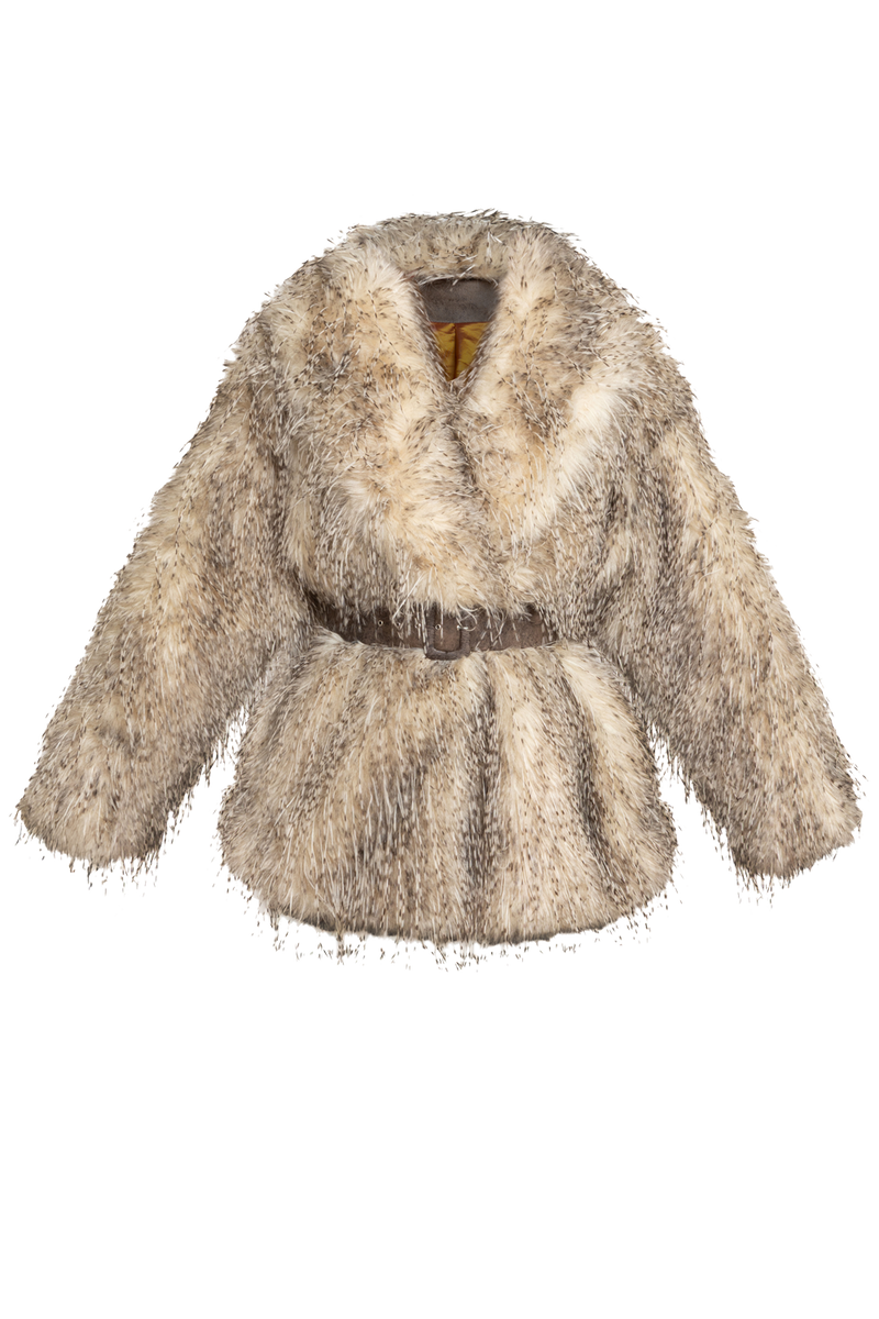 OVERSIZED FAUX FUR COAT WITH LARGE SHAWL COLLAR AND BELT IN LUNGO OWL COLOR - ESSENTIALS