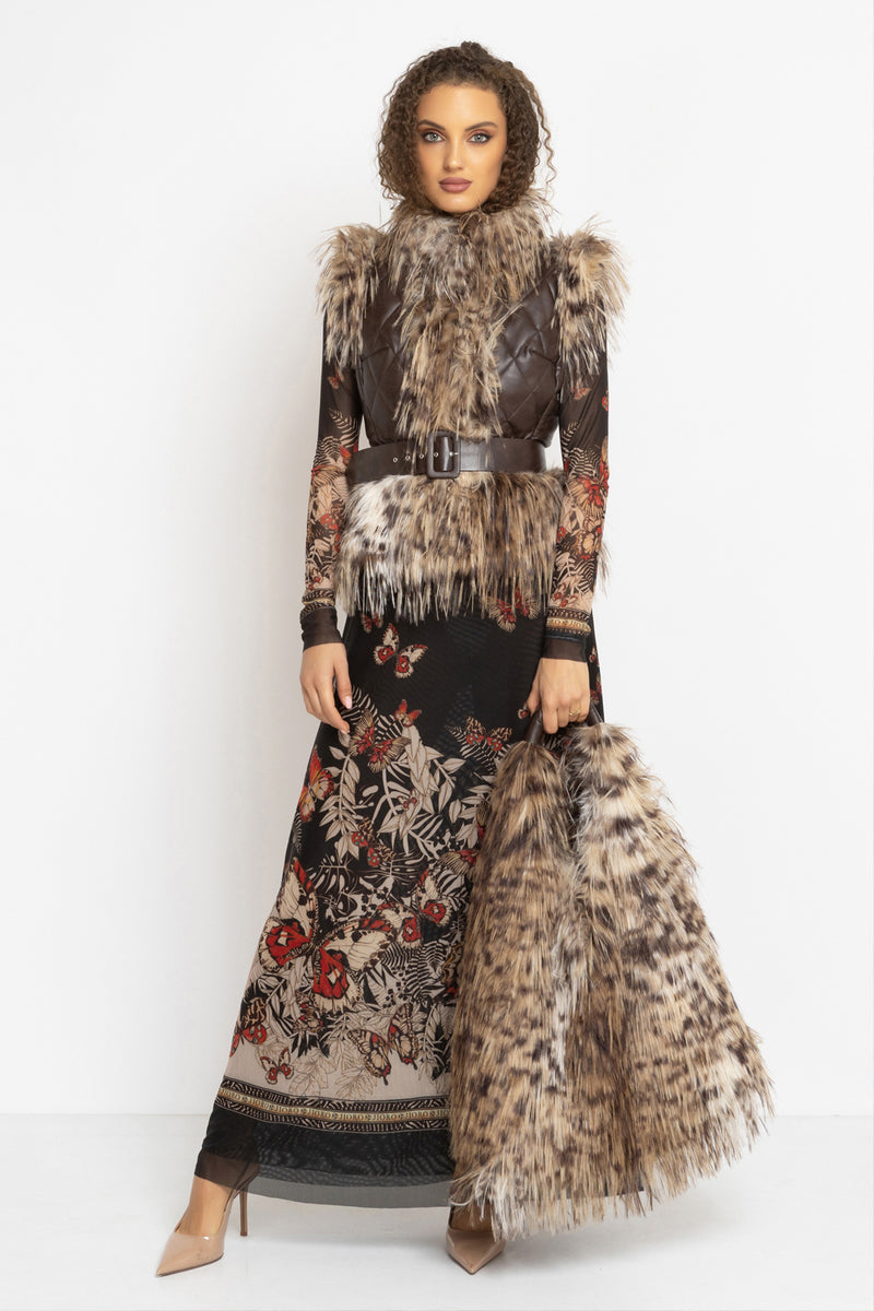 LEATHER-EFFECT GILET WITH SERVAL FUR TEXTURE - ESSENTIALS