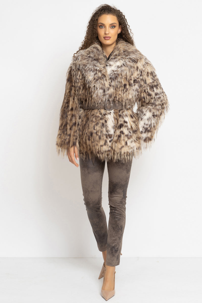 OVERSIZED FAUX FUR COAT WITH LARGE SHAWL COLLAR IN SERVAL PRINT AND BELT - ESSENTIALS JIORO ОВЪРСАЙЗ ПАЛТО ОТ ИЗКУСТВЕН КОСЪМ С ШАРКА СЕРВАЛ С ГОЛЯМА ШАЛ-ЯКА И КОЛАН - ESSENTIALS JIORO