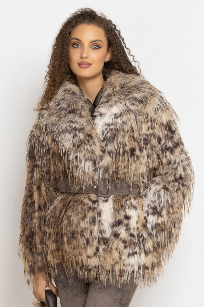 OVERSIZED FAUX FUR COAT WITH LARGE SHAWL COLLAR IN SERVAL PRINT AND BELT - ESSENTIALS JIORO ОВЪРСАЙЗ ПАЛТО ОТ ИЗКУСТВЕН КОСЪМ С ШАРКА СЕРВАЛ С ГОЛЯМА ШАЛ-ЯКА И КОЛАН - ESSENTIALS JIORO