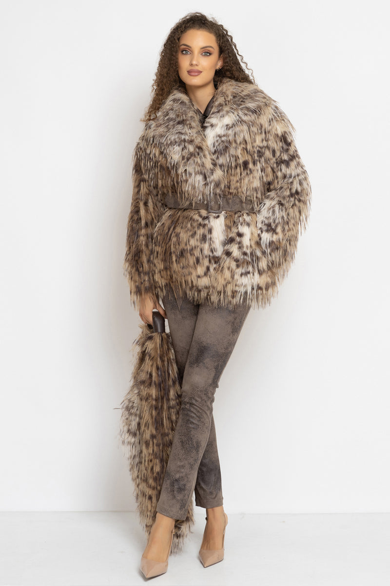 OVERSIZED FAUX FUR COAT WITH LARGE SHAWL COLLAR IN SERVAL PRINT AND BELT - ESSENTIALS JIORO ОВЪРСАЙЗ ПАЛТО ОТ ИЗКУСТВЕН КОСЪМ С ШАРКА СЕРВАЛ С ГОЛЯМА ШАЛ-ЯКА И КОЛАН - ESSENTIALS JIORO