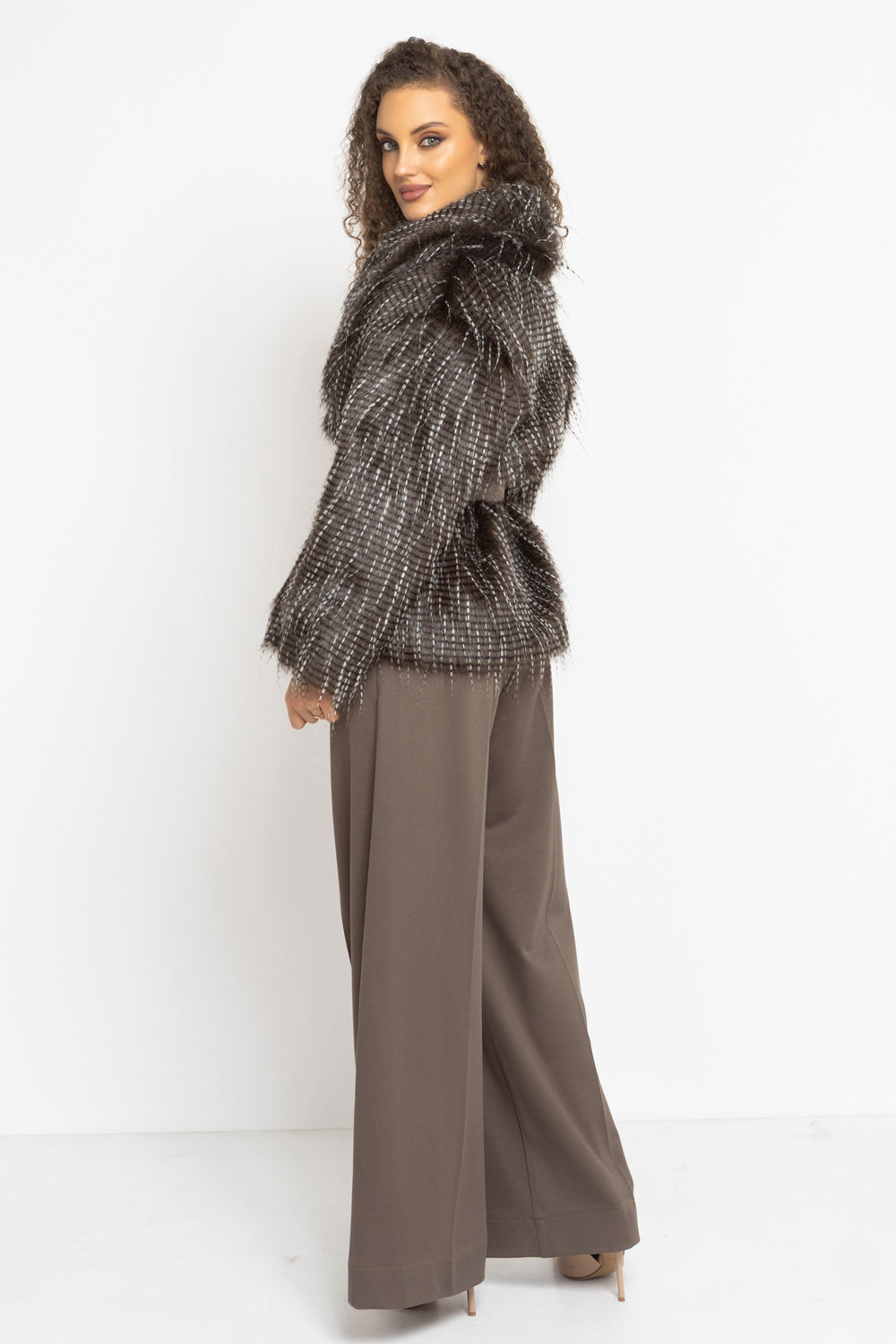 OVERSIZED PHEASANT PATTERN FAUX FUR COAT WITH BELT - ESSENTIALS