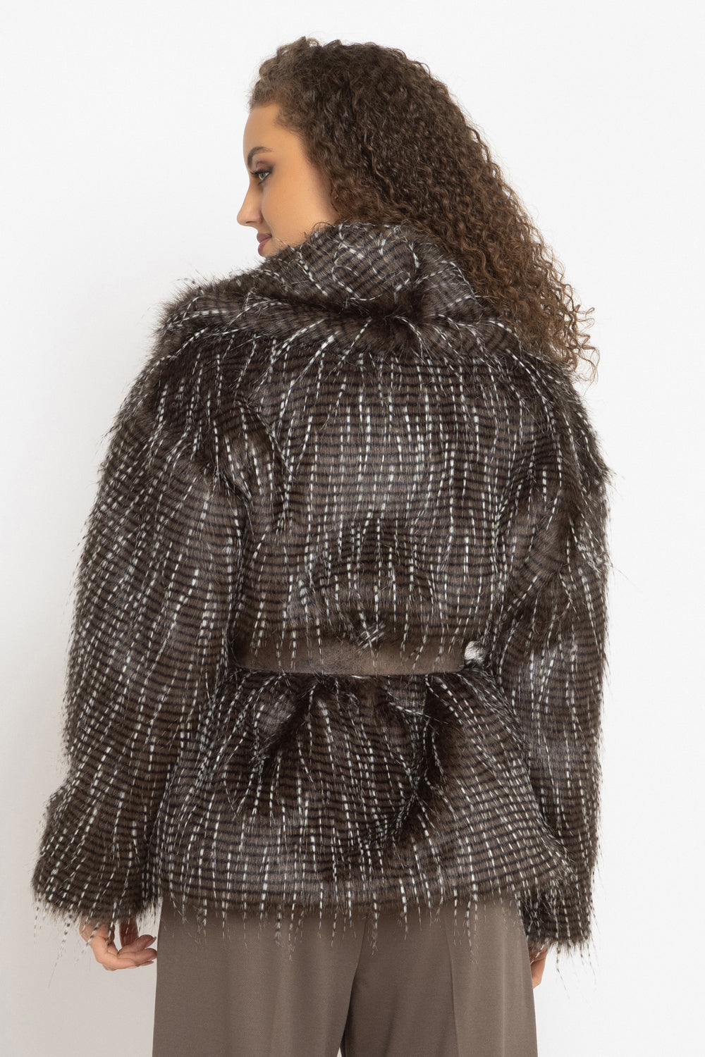 OVERSIZED PHEASANT PATTERN FAUX FUR COAT WITH BELT - ESSENTIALS JIORO ОВЪРСАЙЗ ПАЛТО ОТ ИЗКУСТВЕН КОСЪМ С ШАРКА ФАЗАН С ГОЛЯМА ШАЛ-ЯКА - ESSENTIALS JIORO