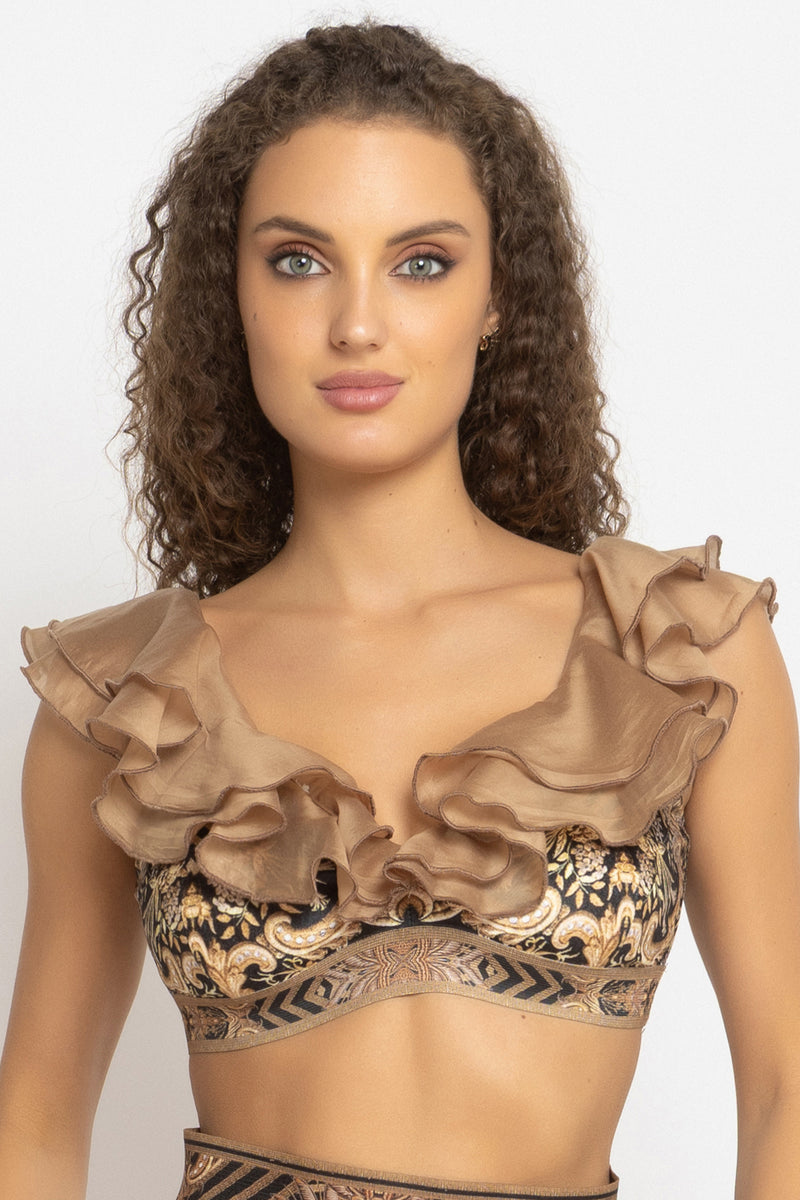 VELVET CROP TOP WITH REMOVABLE RUFFLES - GOLDEN STRIPES JIORO ПЛЮШЕН КРОП ТОП С ПОДВИЖНИ ВОЛАНИ - GOLDEN STRIPES JIORO