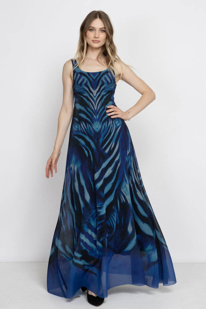 SLEEVELESS LONG MESH DRESS WITH SOFT MODAL LINING - SHADES OF BLUE JIORO ДЪЛГА РОКЛЯ ОТ МРЕЖА БЕЗ РЪКАВИ С ПОДПЛАТА ОТ МОДАЛ - SHADES OF BLUE JIORO