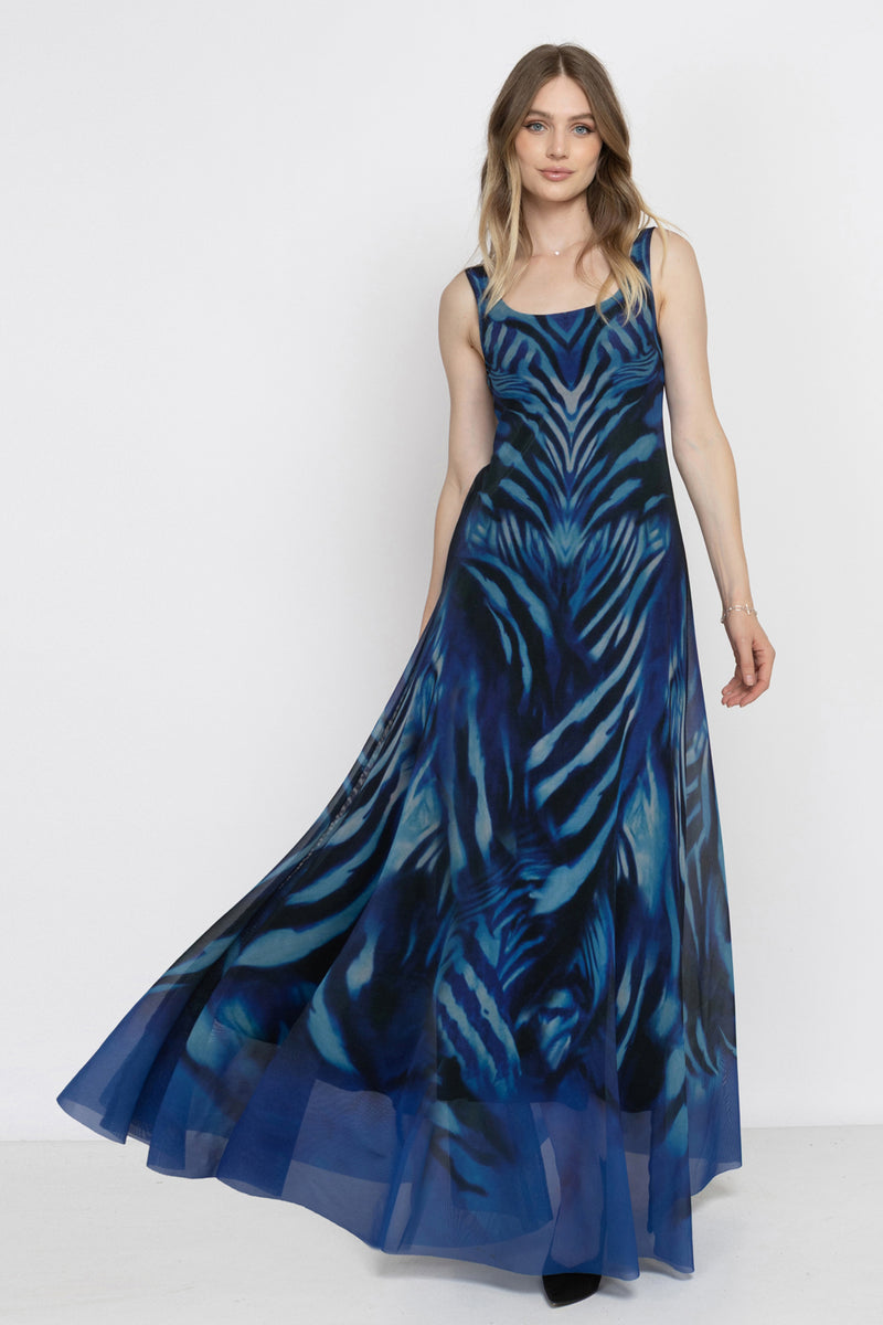 SLEEVELESS LONG MESH DRESS WITH SOFT MODAL LINING - SHADES OF BLUE JIORO ДЪЛГА РОКЛЯ ОТ МРЕЖА БЕЗ РЪКАВИ С ПОДПЛАТА ОТ МОДАЛ - SHADES OF BLUE JIORO