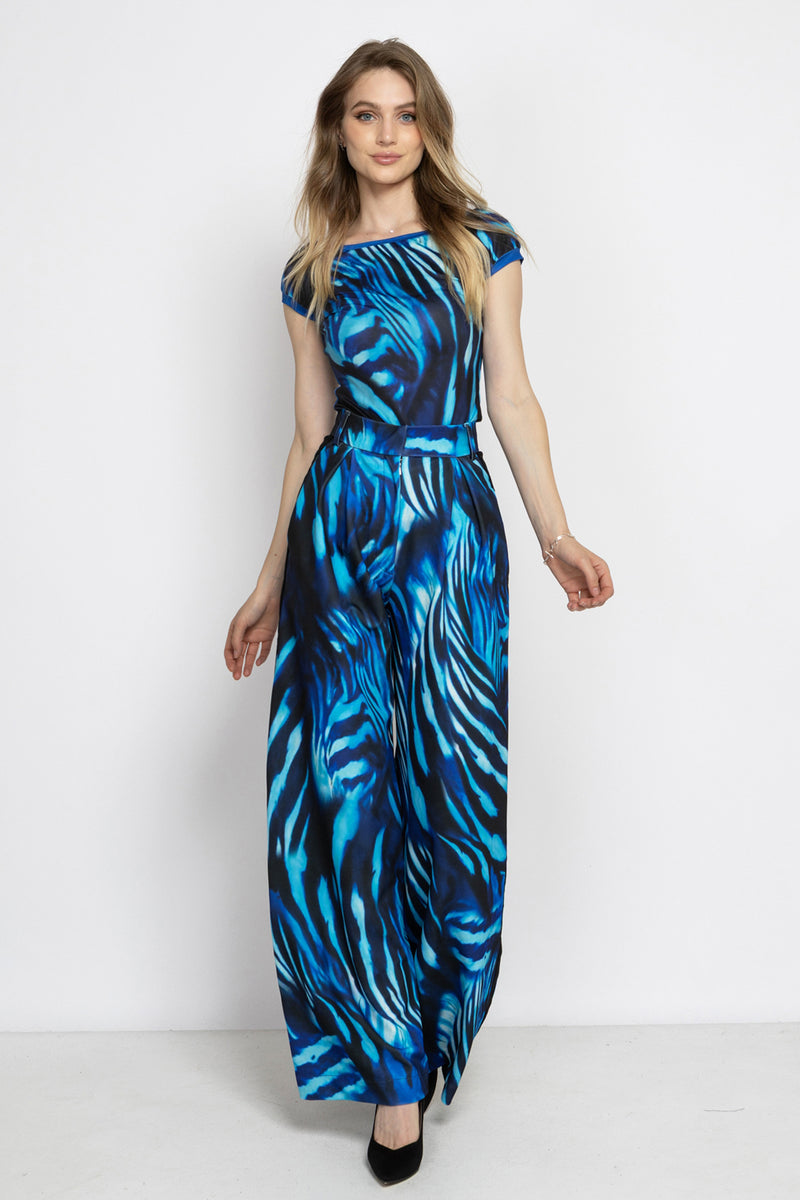 PLEATED WIDE-LEG VISCOSE PANTS - SHADES OF BLUE JIORO ШИРОК ВИСКОЗЕН ПАНТАЛОН С ВЕЛУРЕНИ КАНТОВЕ – SHADES OF BLUE JIORO