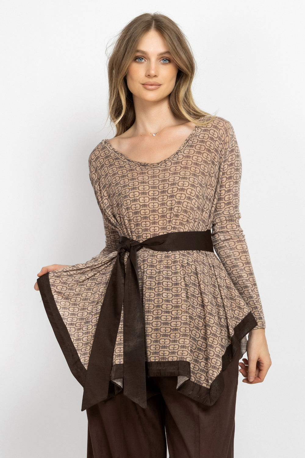 MODAL ASYMMETRIC TUNIC WITH BELT - MOCHA MOUSSE LOGO JIORO MODAL ASYMMETRIC TUNIC WITH BELT - MOCHA MOUSSE LOGO JIORO