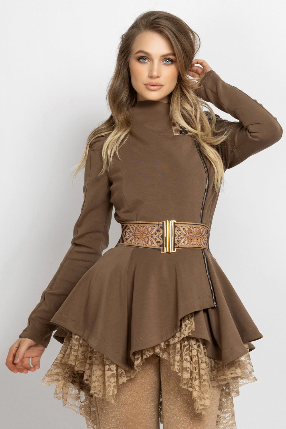 ASYMMETRIC MODAL PEPLUM BLAZER IN BEIGE - ESSENTIALS