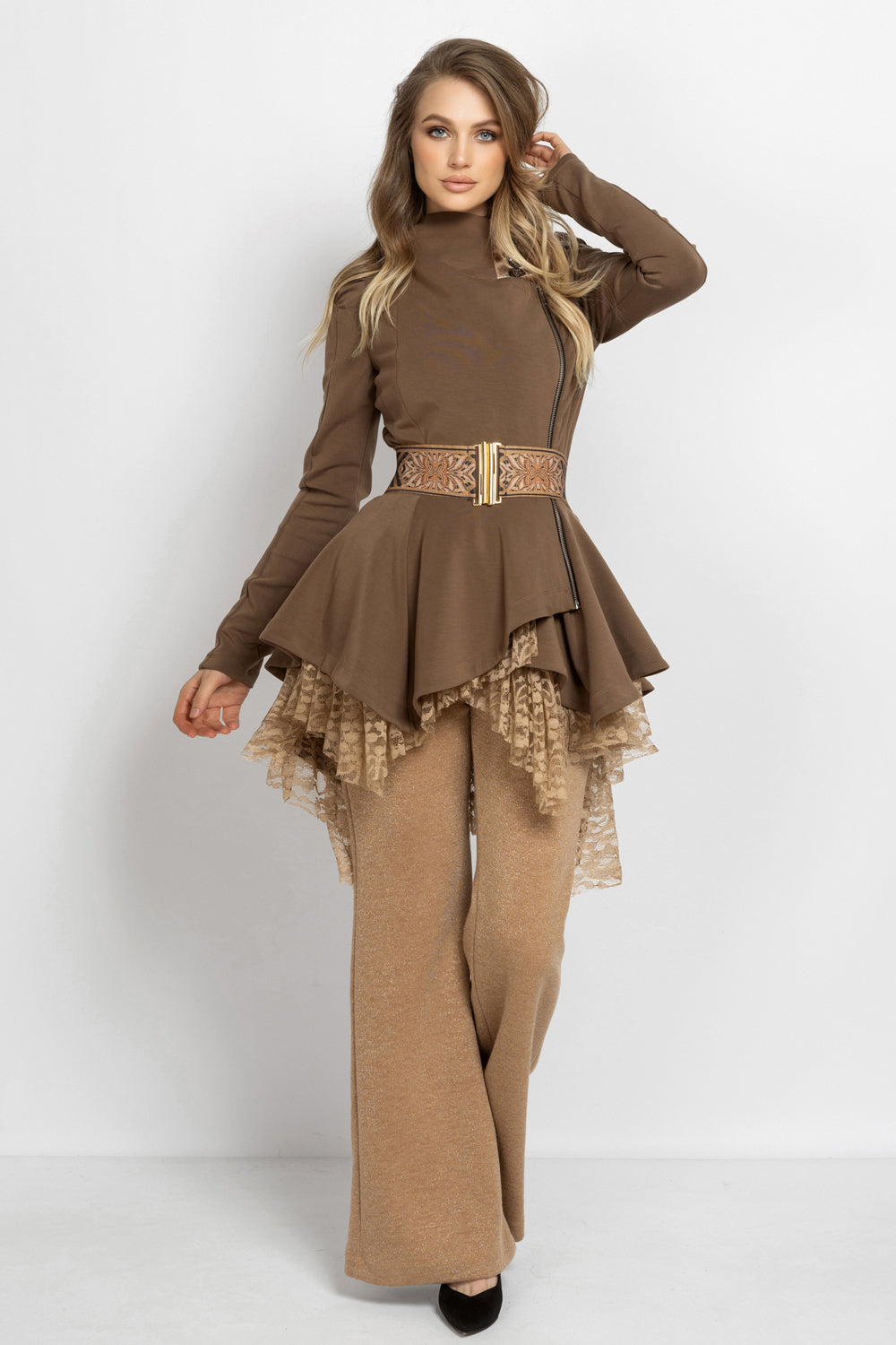 ASYMMETRIC MODAL PEPLUM BLAZER IN BEIGE - ESSENTIALS