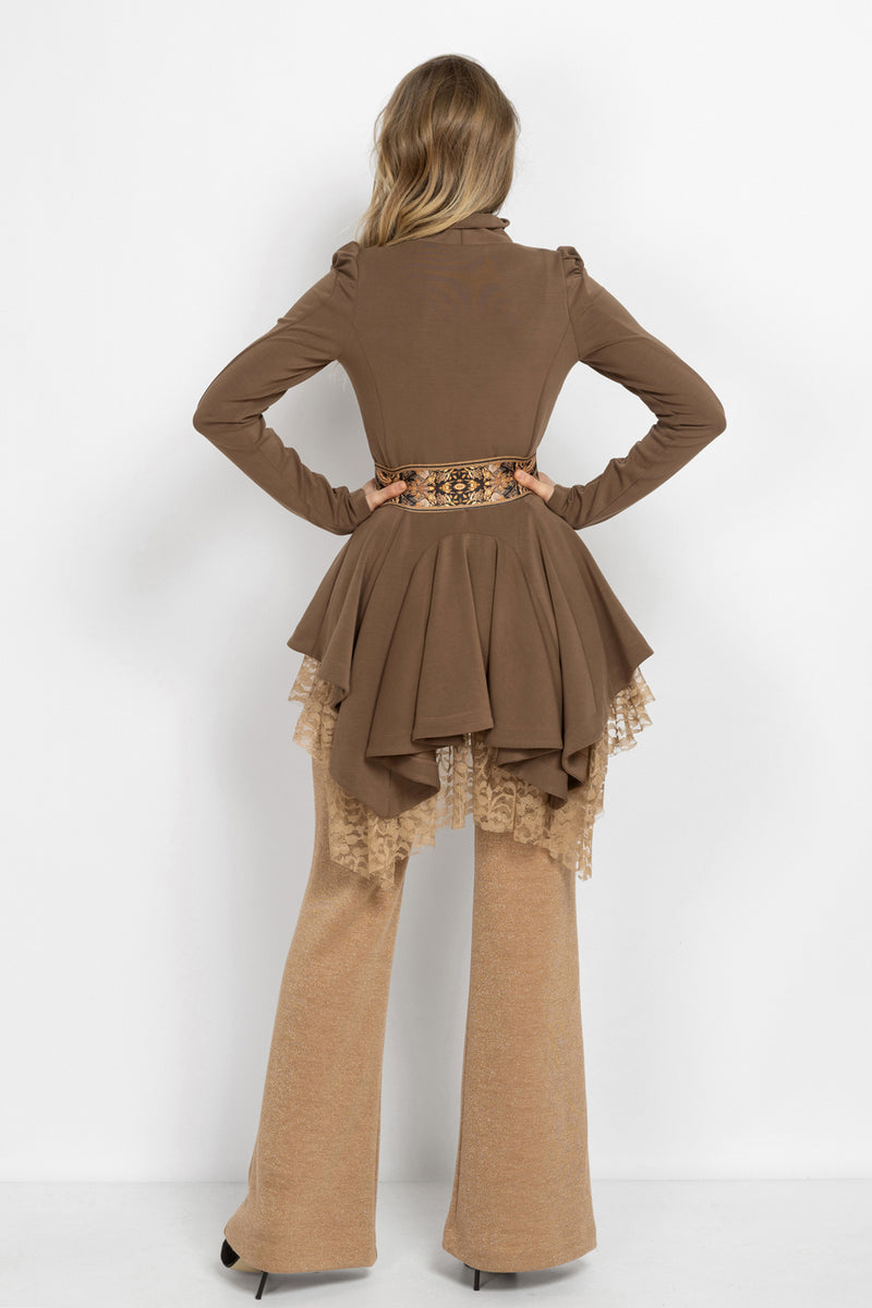 ASYMMETRIC MODAL PEPLUM BLAZER IN MOCHA - ESSENTIALS