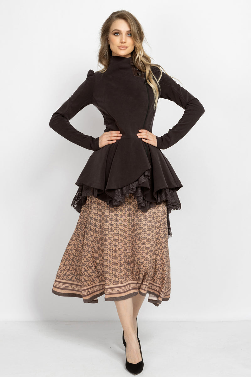 ASYMMETRIC MODAL PEPLUM BLAZER IN BROWN - ESSENTIALS