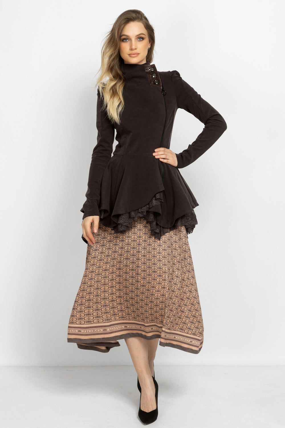 ASYMMETRIC MODAL PEPLUM BLAZER IN MOCHA - ESSENTIALS