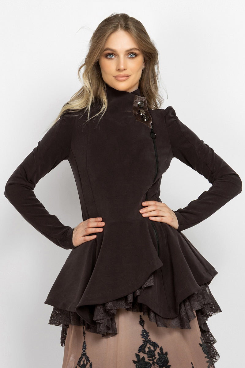 ASYMMETRIC MODAL PEPLUM BLAZER IN BROWN - ESSENTIALS