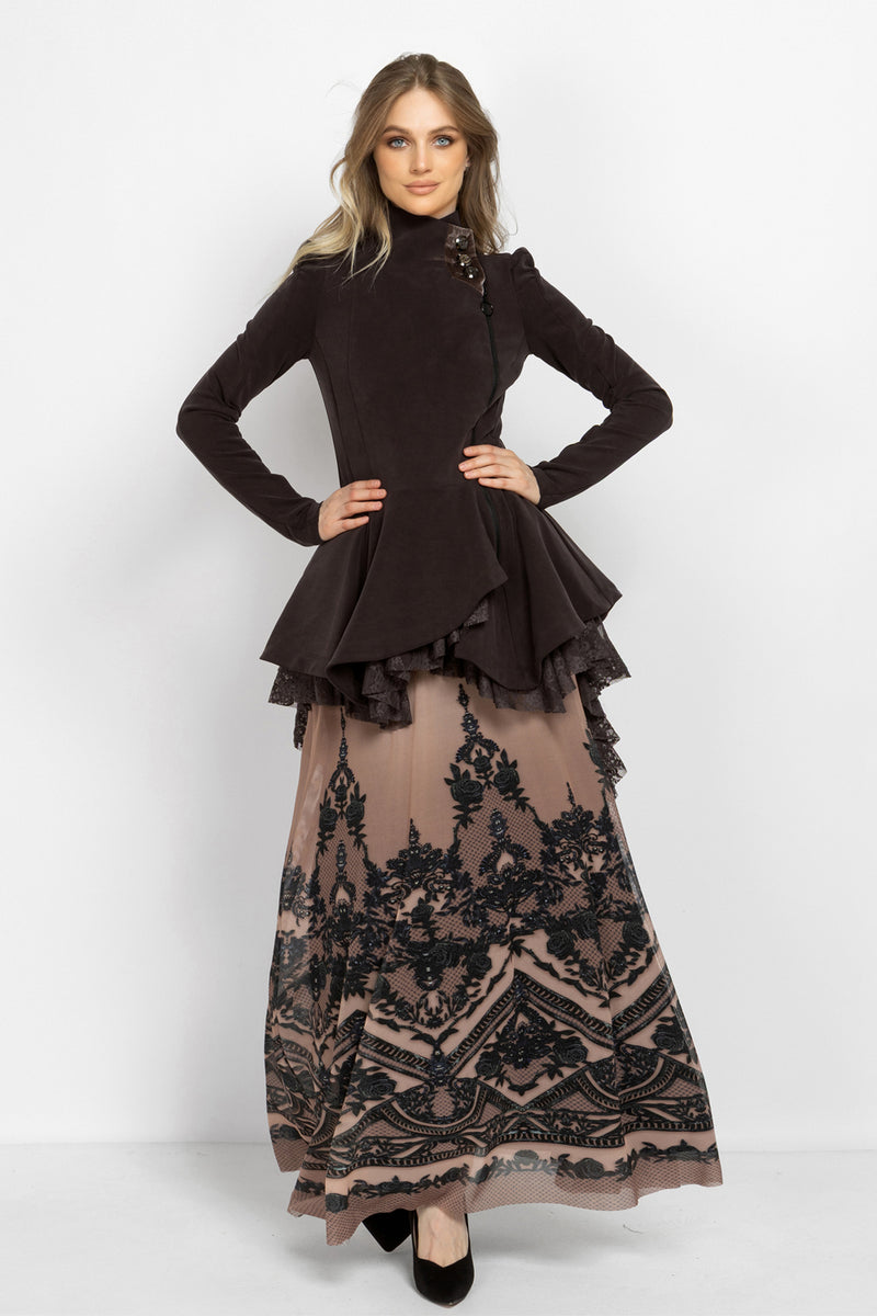 ASYMMETRIC MODAL PEPLUM BLAZER IN BROWN - ESSENTIALS