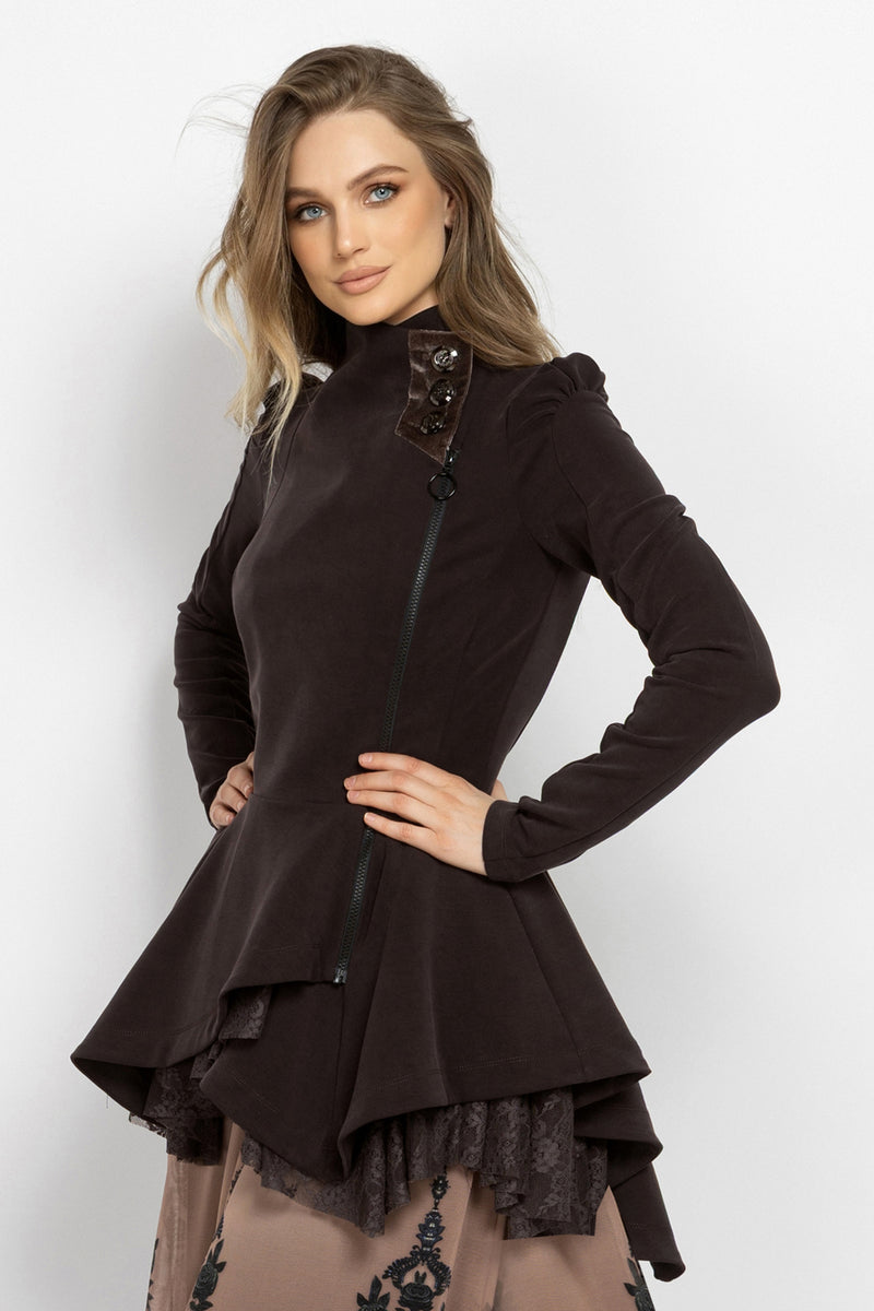 ASYMMETRIC MODAL PEPLUM BLAZER IN BROWN - ESSENTIALS