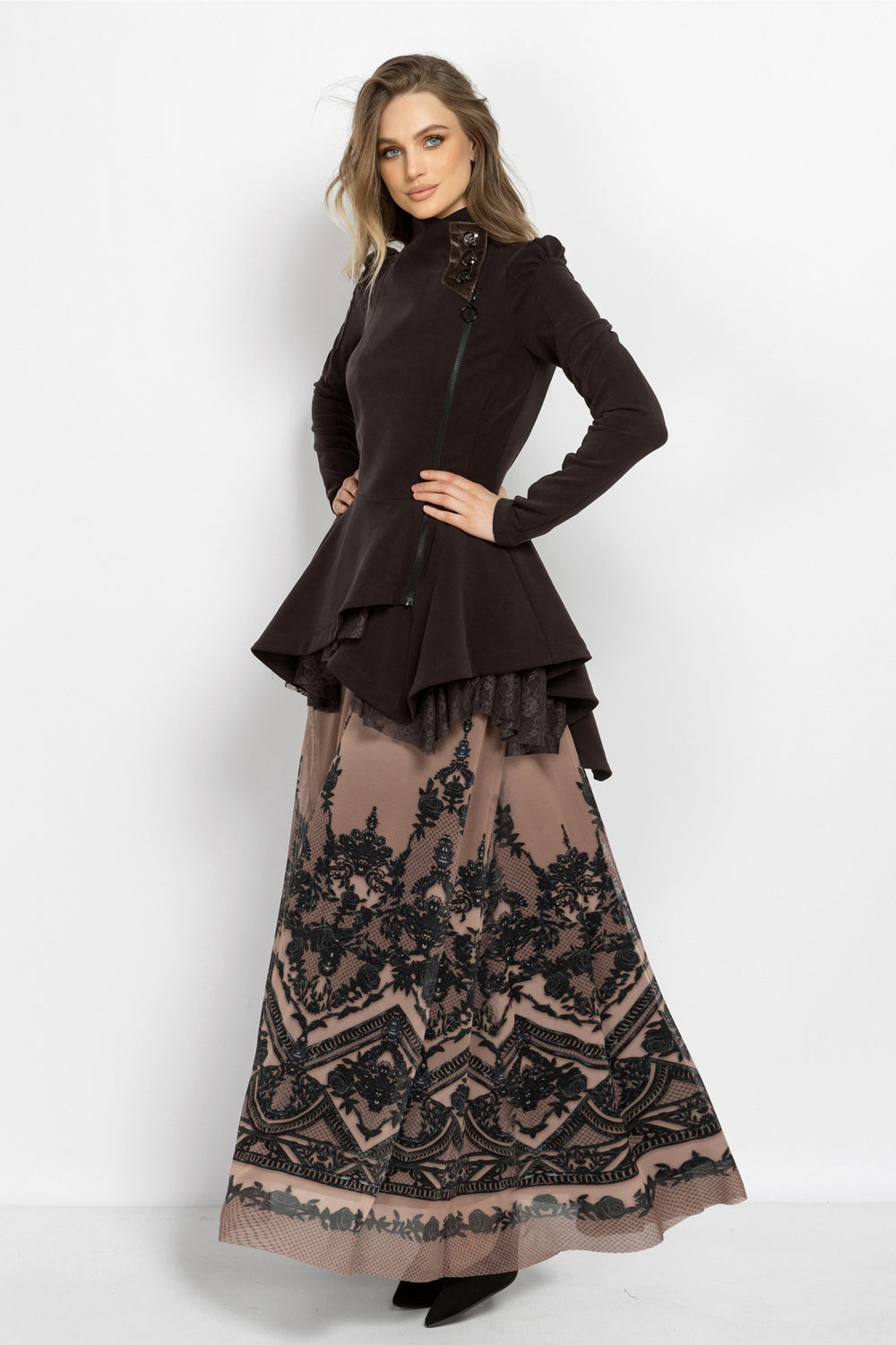 ASYMMETRIC MODAL PEPLUM BLAZER IN MOCHA - ESSENTIALS
