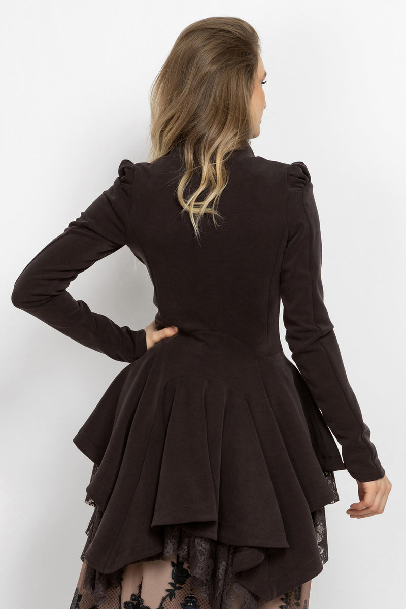 ASYMMETRIC MODAL PEPLUM BLAZER IN BROWN - ESSENTIALS