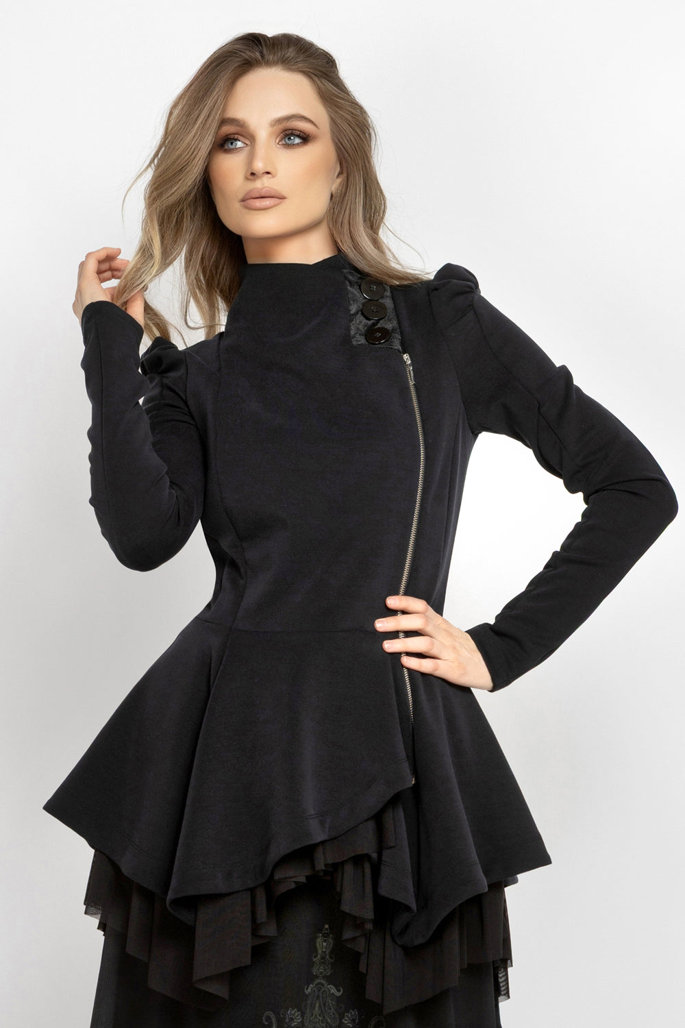 ASYMMETRIC MODAL PEPLUM BLAZER IN BLACK - ESSENTIALS