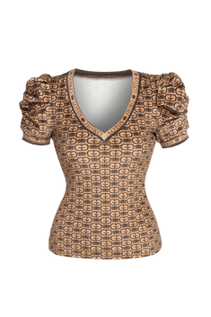 SIGNATURE VELVET V-NECK TOP WITH PUFF SLEEVES - MOCHA MOUSSE LOGO