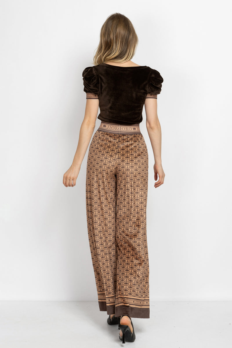 V-NECK VELVET TOP WITH PUFF SLEEVES MOCHA MOUSSE LOGO TRIM - ESSENTIALS