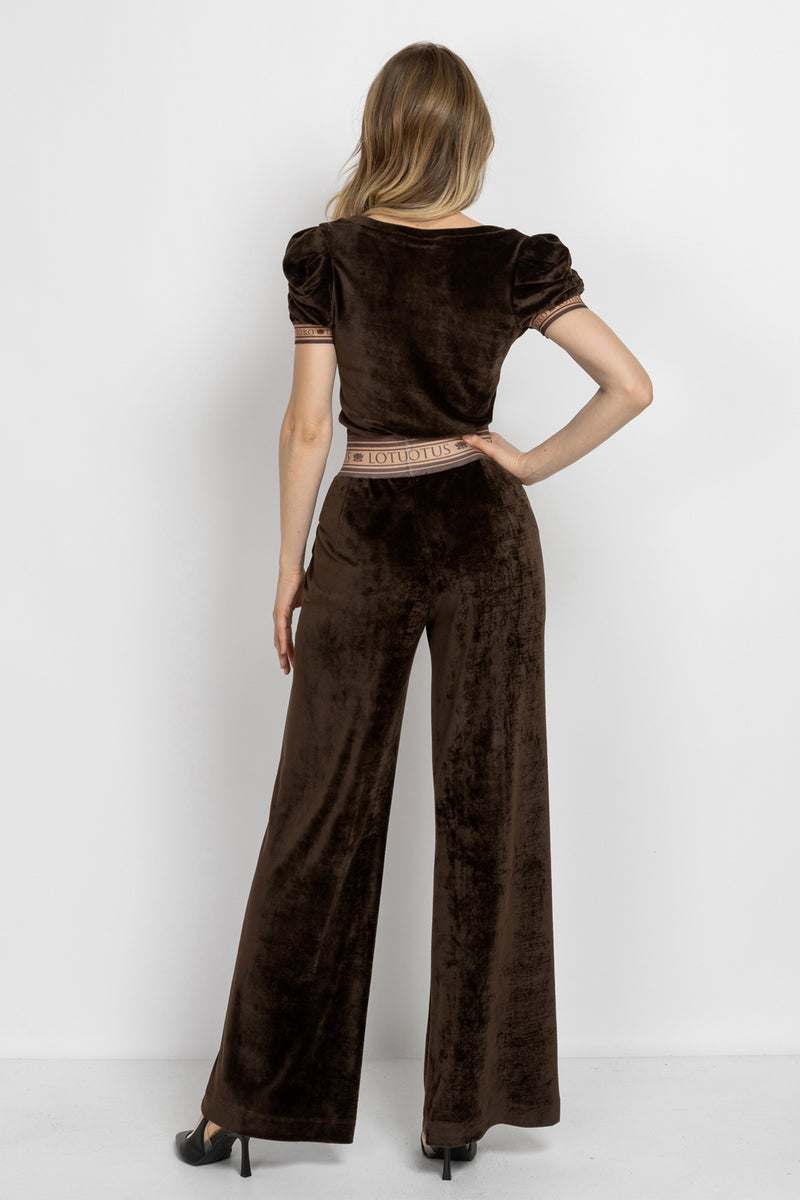 TRUFFLE VELVET WIDE-LEG PANTS WITH MOCHA MOUSSE LOGO WAISTBAND - ESSENTIALS