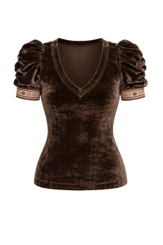 V-NECK VELVET TOP WITH PUFF SLEEVES MOCHA MOUSSE LOGO TRIM - ESSENTIALS