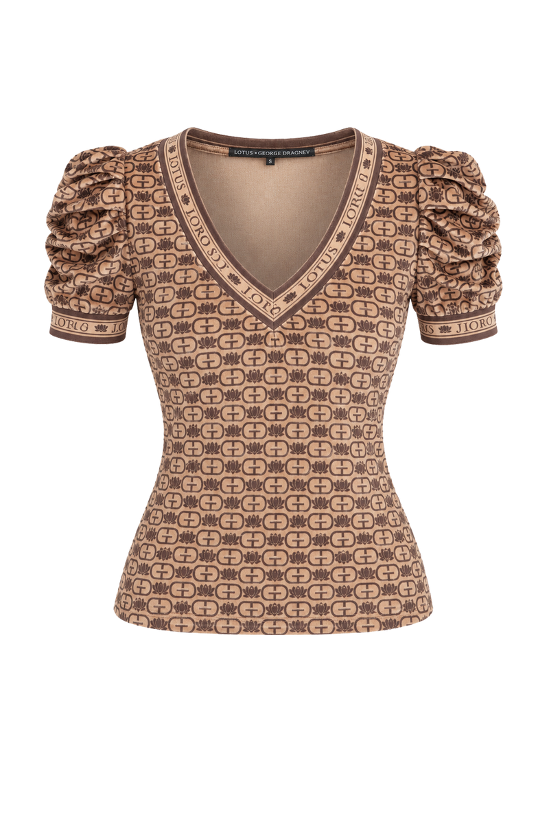 VELVET V-NECK TOP WITH PUFF SLEEVES - MOCHA MOUSSE LOGO
